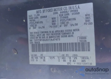 2001 Ford Ranger Edge/Xl/Xlt из США, поврежденный, VIN 1FTYR10UX1TA47473